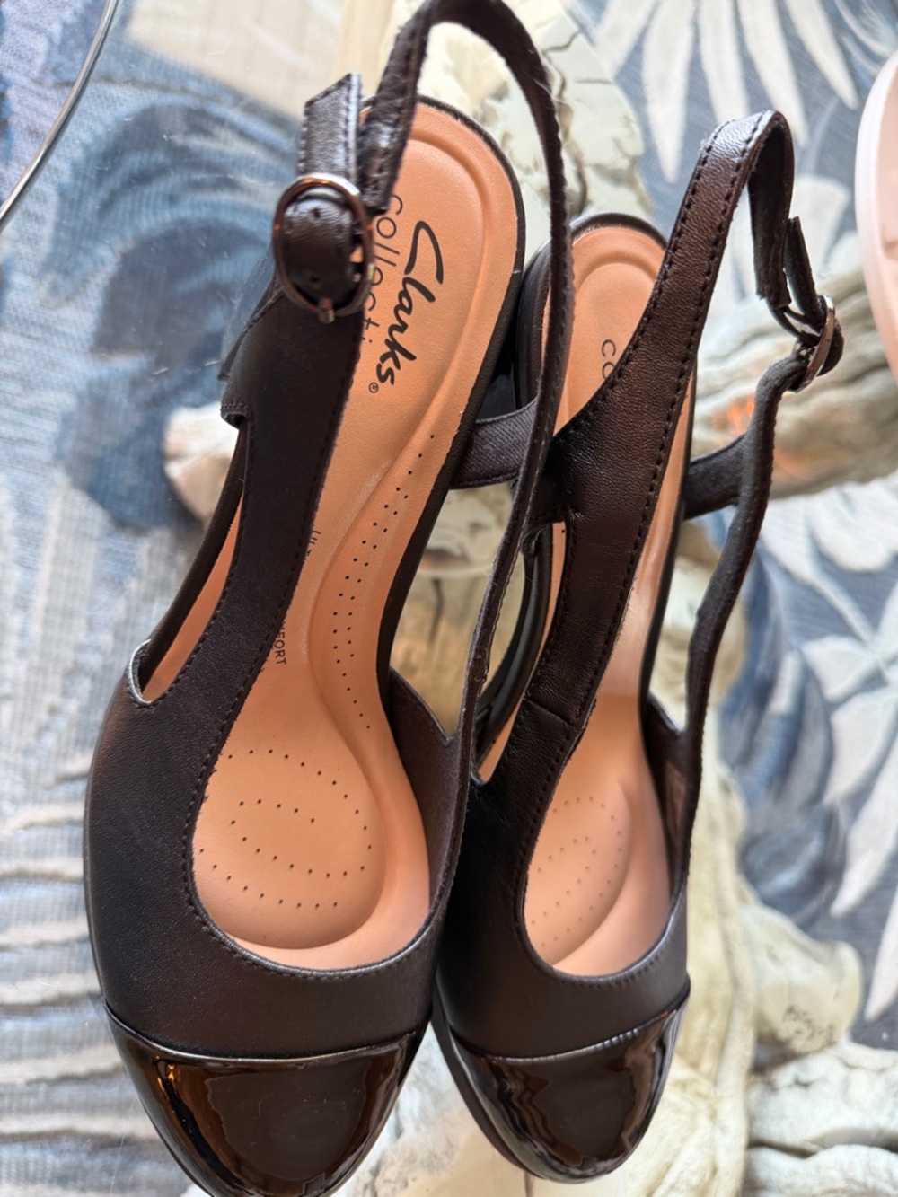 Clarks Black Leather Slingback Heels with Patent Toe Cap